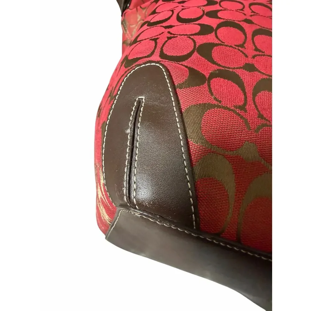 Coach 6083 Signature C Hobo Shoulder Bag Red Brown Canvas Leather Trim G15-608